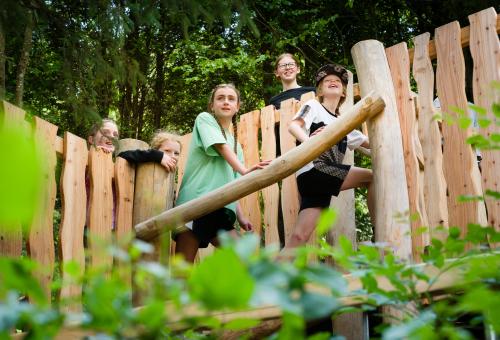 Children climbing on play equipment in the woods